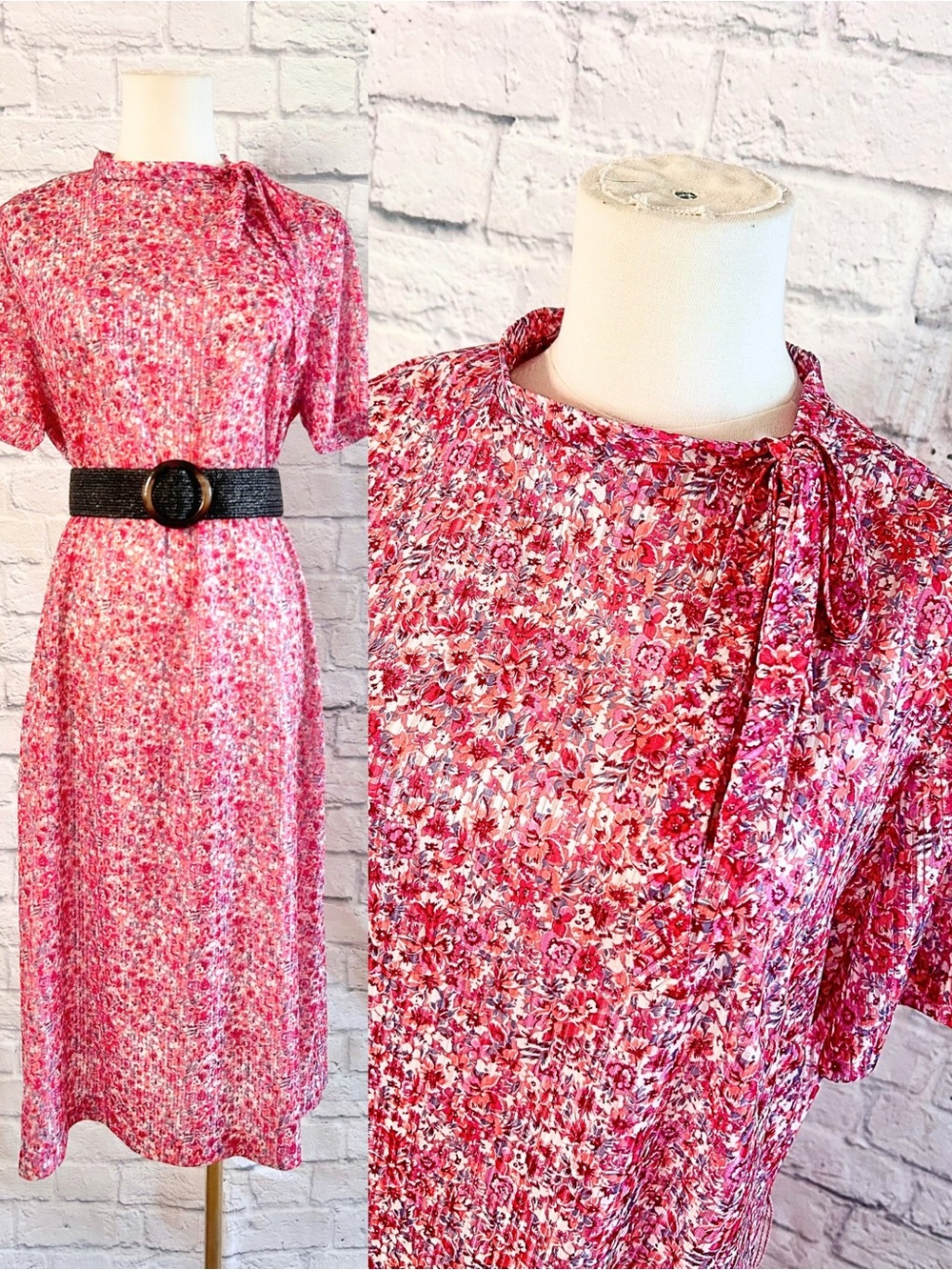 Vintage 1980s Secretary Dress Tie Bow Ribbon Neckline Midi Pink Floral Groovy